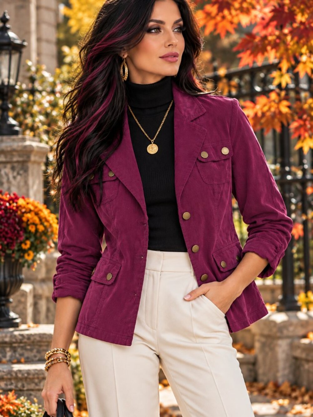 XCVI Wearables Sensible Corduroy Jacket Sz M Purple Ruched 3/4 Sleeves NWT!